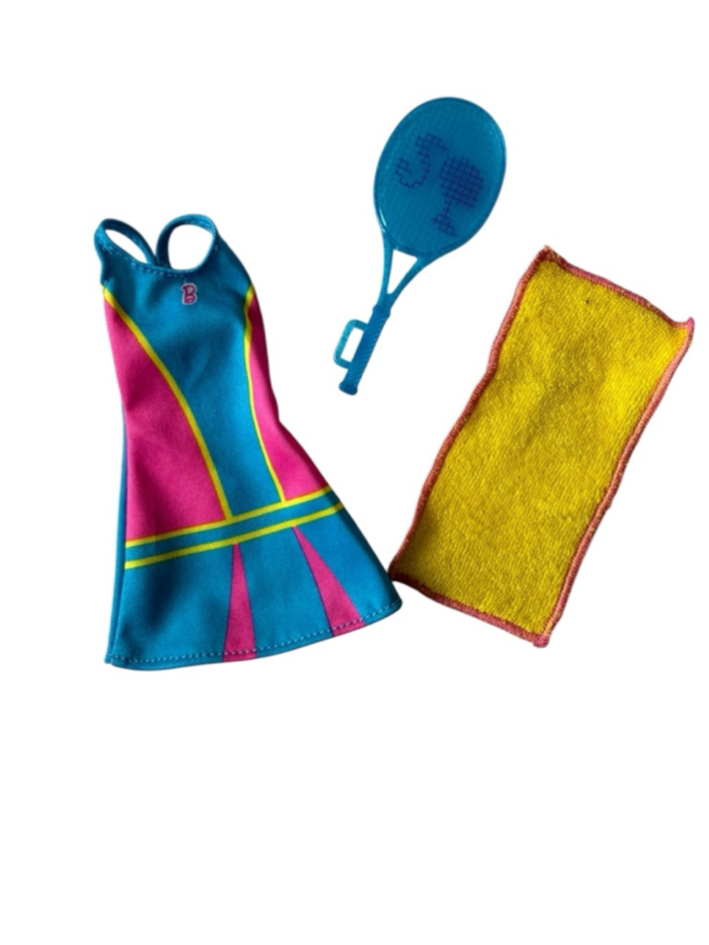 Barbie Fashions Tennis Time outfit , blue and pink dress, racket and Towel 2017